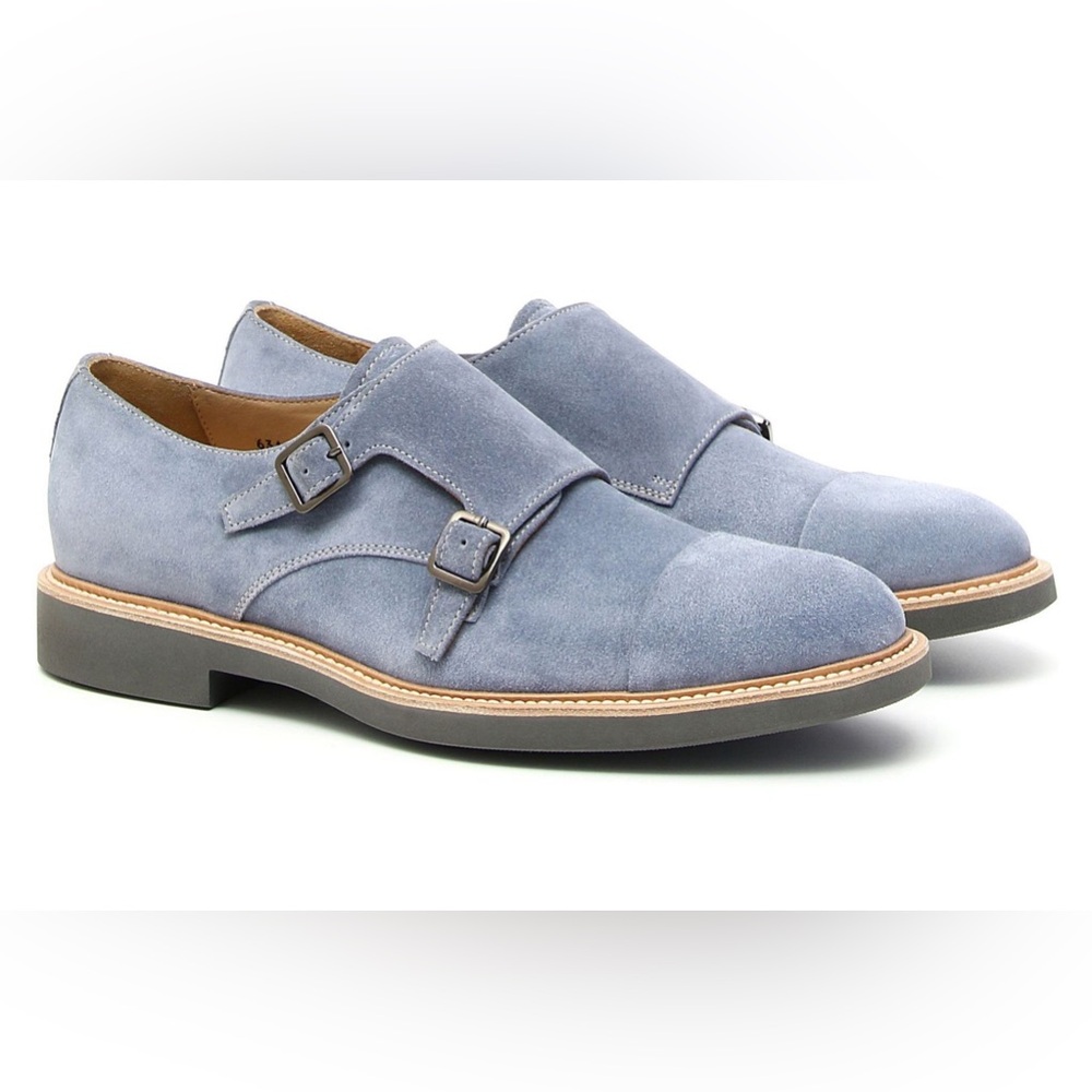 NWT Canali light blue suede captoe monk strap shoes